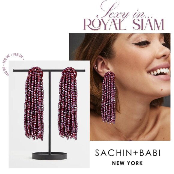 NEW Sparkling Glass Beaded Siam Purple Cascade Tassel Earrings Anthropologie - Picture 1 of 5